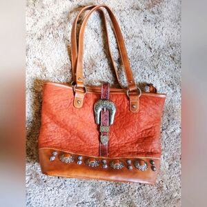 Montana West Orange Brown Western Tote with Concho Accents